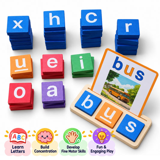 Montessori Wooden Spelling Game, CVC Word Builder with 60 Letter Blocks