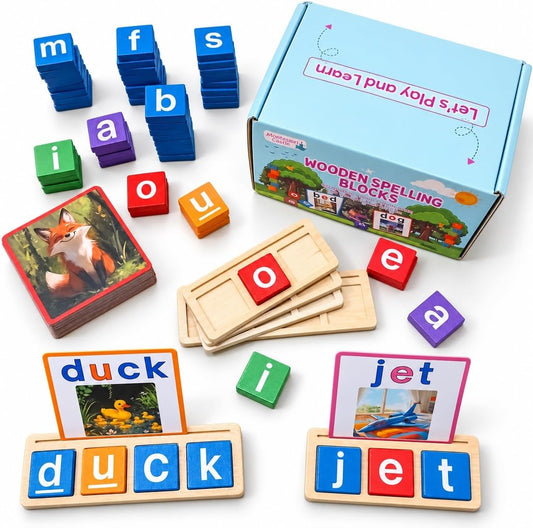Montessori Wooden Spelling Game, CVC Word Builder with 60 Letter Blocks