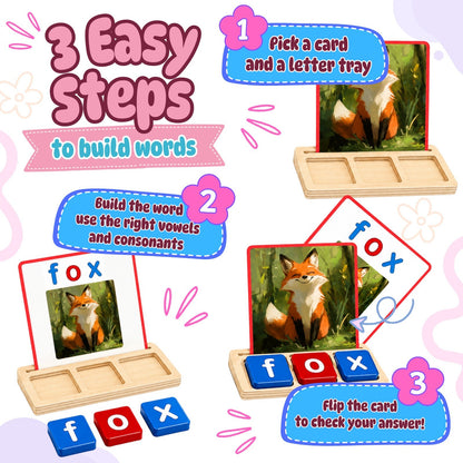 Montessori Wooden Spelling Game, CVC Word Builder with 60 Letter Blocks